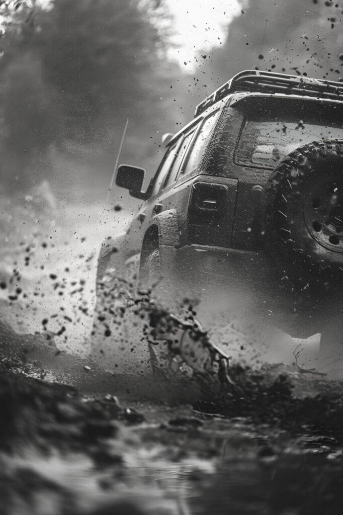 Coche todoterreno atravesando un terreno fangoso y húmedo